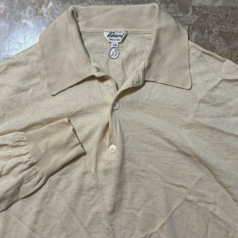 Brioni Sweater Polo Mens 58 Beige Tan Long Sleeve Cashmere Silk Collared